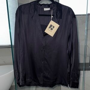 Frank & Oak Midnight Navy Long Sleeve Satin Button Down Blouse